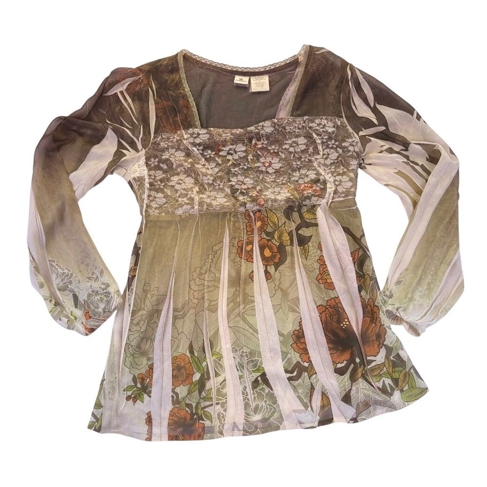 Forbidden Women's Floral Lace Empire Waist Sheer Babydoll Blouse L Fairycore